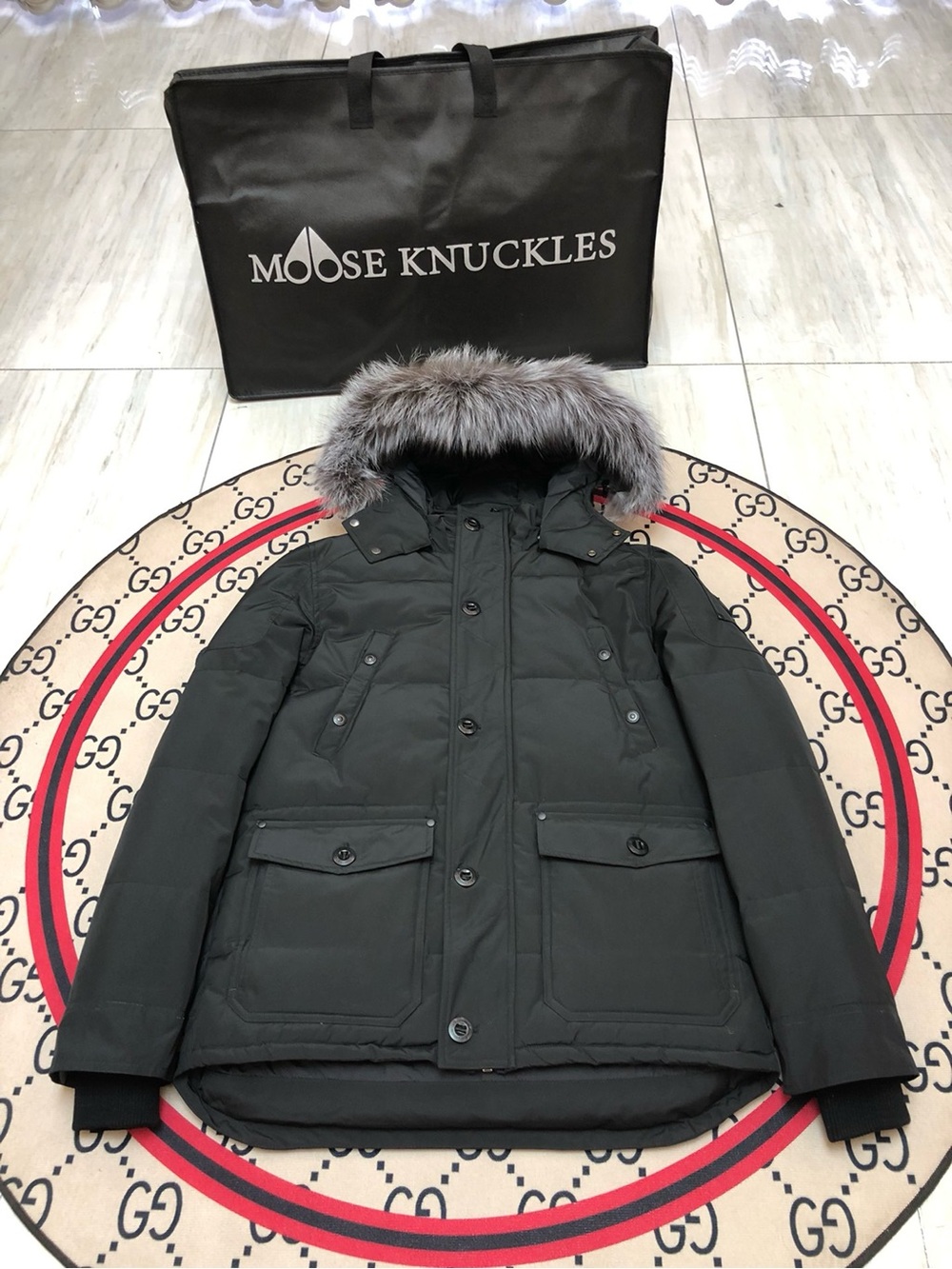 Moose Knuckles Men's Dark Green Fur-Trim Hooded Puffer Parka
